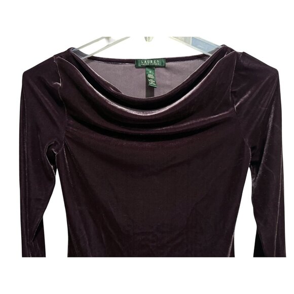 LRL Ralph Lauren Drape Cowl Neck Deep Plum Velvet Pullover Top Long Sleeves Sm - Picture 2 of 6
